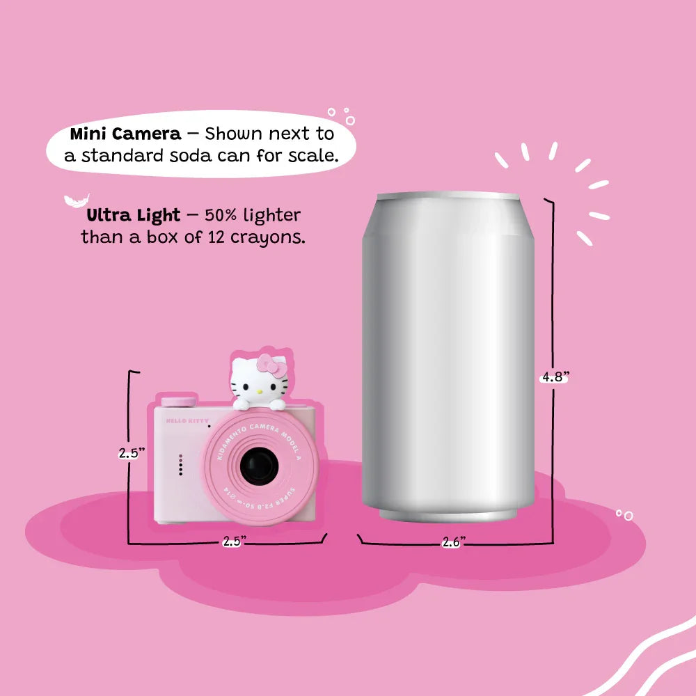 A pink kiimento Hello Kitty mini camera shown next to a standard soda can for size comparison.