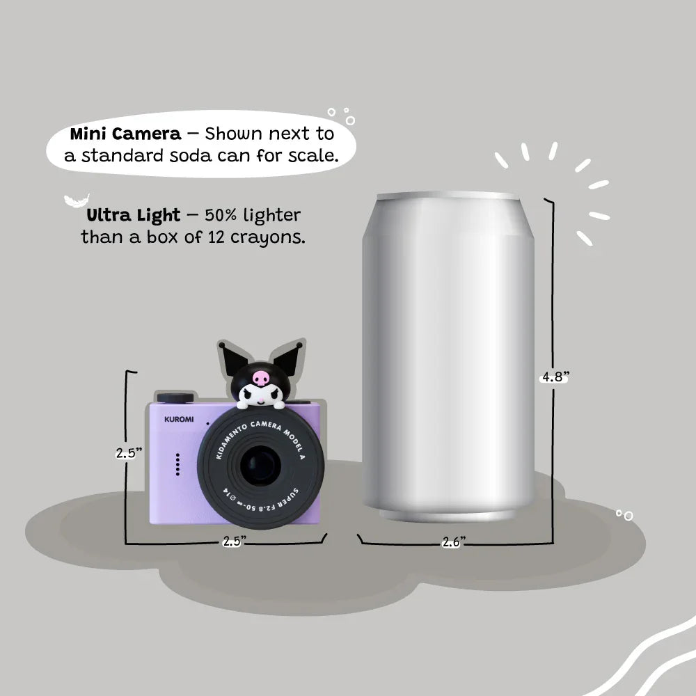 A purple Kuromi mini camera shown next to a standard soda can for size comparison.