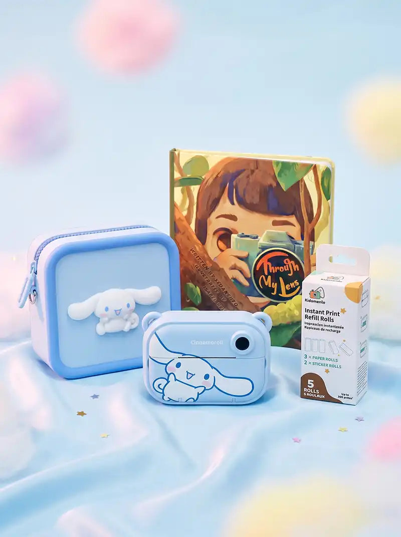 Collection of items including a blue pouch with a cartoon character, a book, and a box on a light blue background.