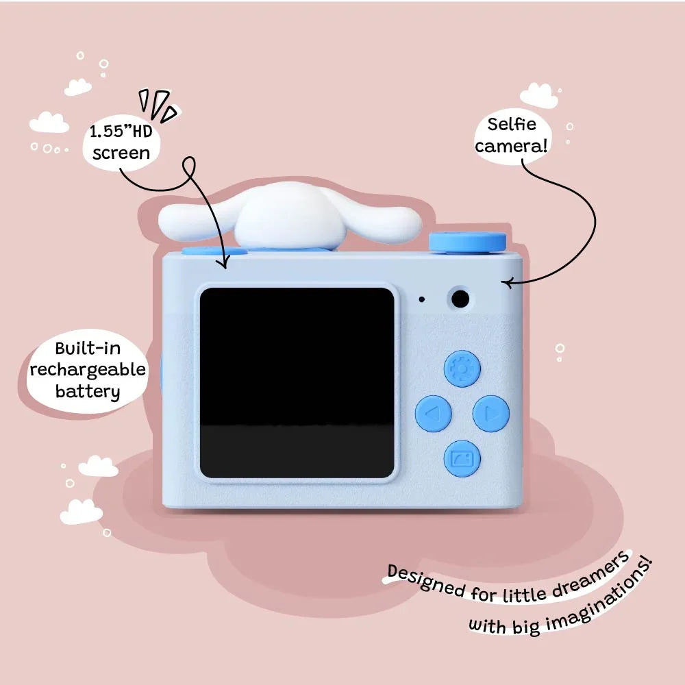 Back view of kiimento Model A Cinnamoroll kids' digital camera showing 1.55” IPS screen, selfie camera, control buttons, and built-in rechargeable battery.