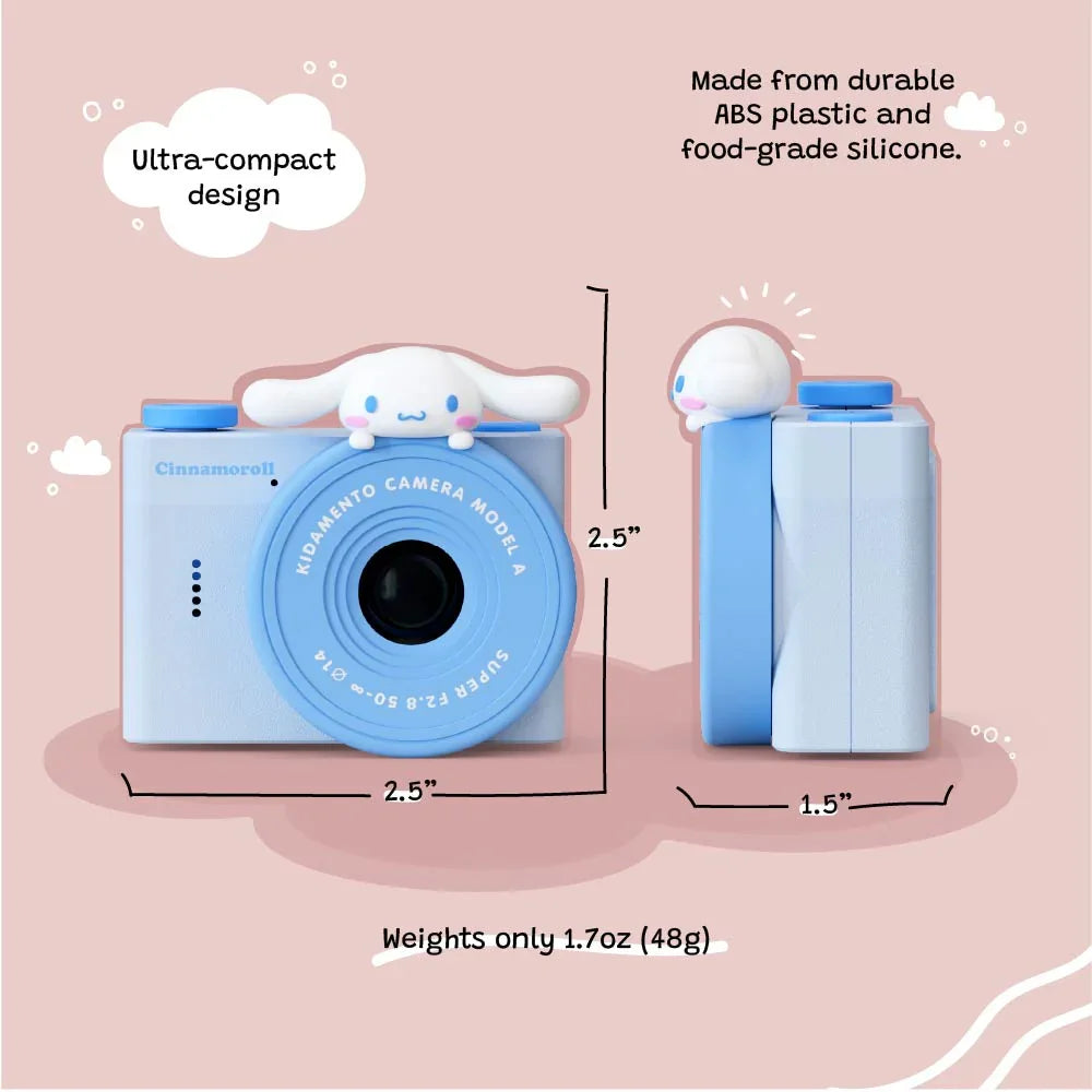 Front and side view of kiimento Model A Cinnamoroll kids' digital camera with size and weight details, highlighting its ultra-compact 2.5" design and lightweight 1.7oz build.