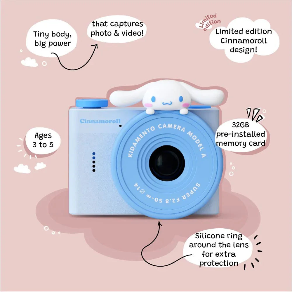 Front view of kiimento Model A Cinnamoroll kids' digital camera with labeled features including 32GB memory, silicone ring for lens protection, and limited-edition design.