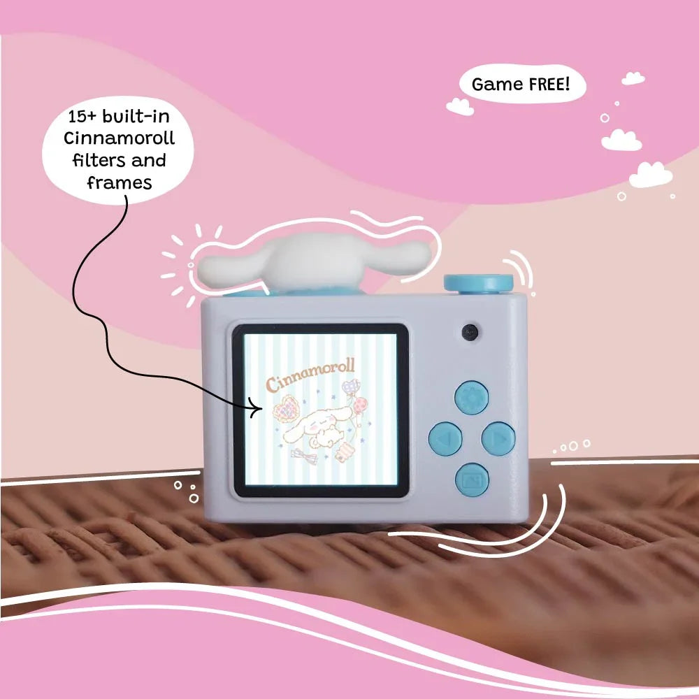 kiimento Model P Cinnamoroll kids digital camera back view, showing LCD screen with Cinnamoroll filters and frames, game-free design.
