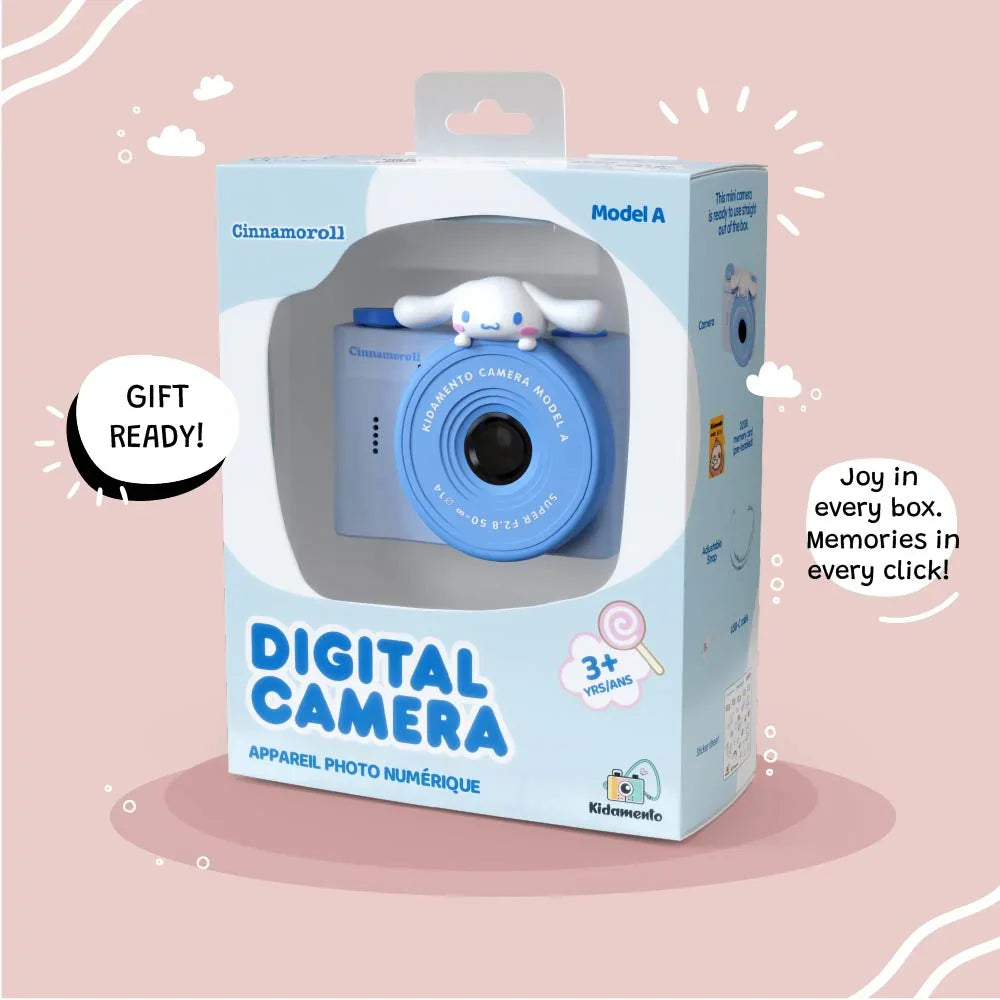 kiimento Model A Cinnamoroll kids' digital camera shown in its retail gift box packaging, labeled as gift-ready for ages 3+.