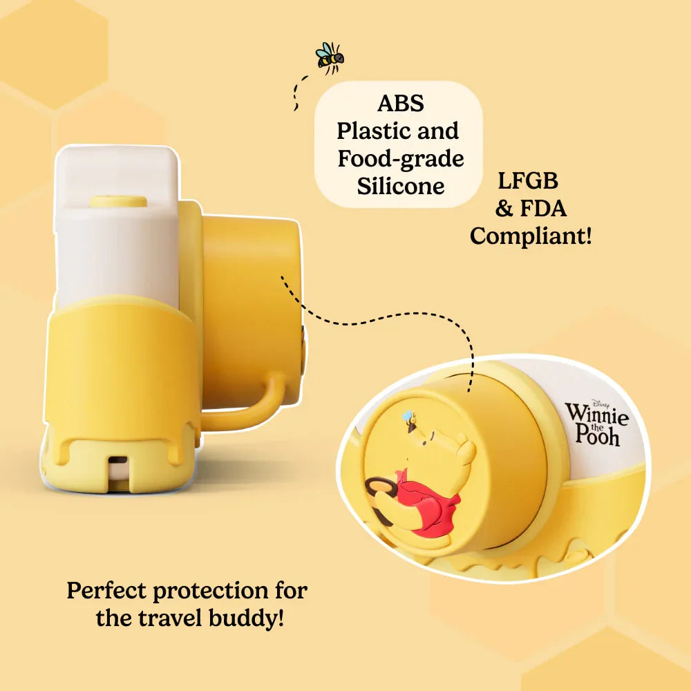 Side and lens view of the Winnie the Pooh kids camera made from silicone, LFGB and FDA compliant, designed for travel protection.
