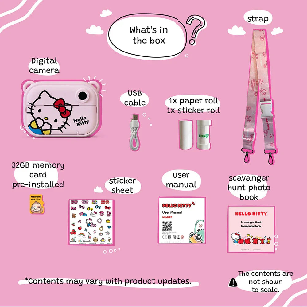 kiimento Sanrio Hello Kitty Print Camera Model P accessories set – USB cable, print paper refill and user manual