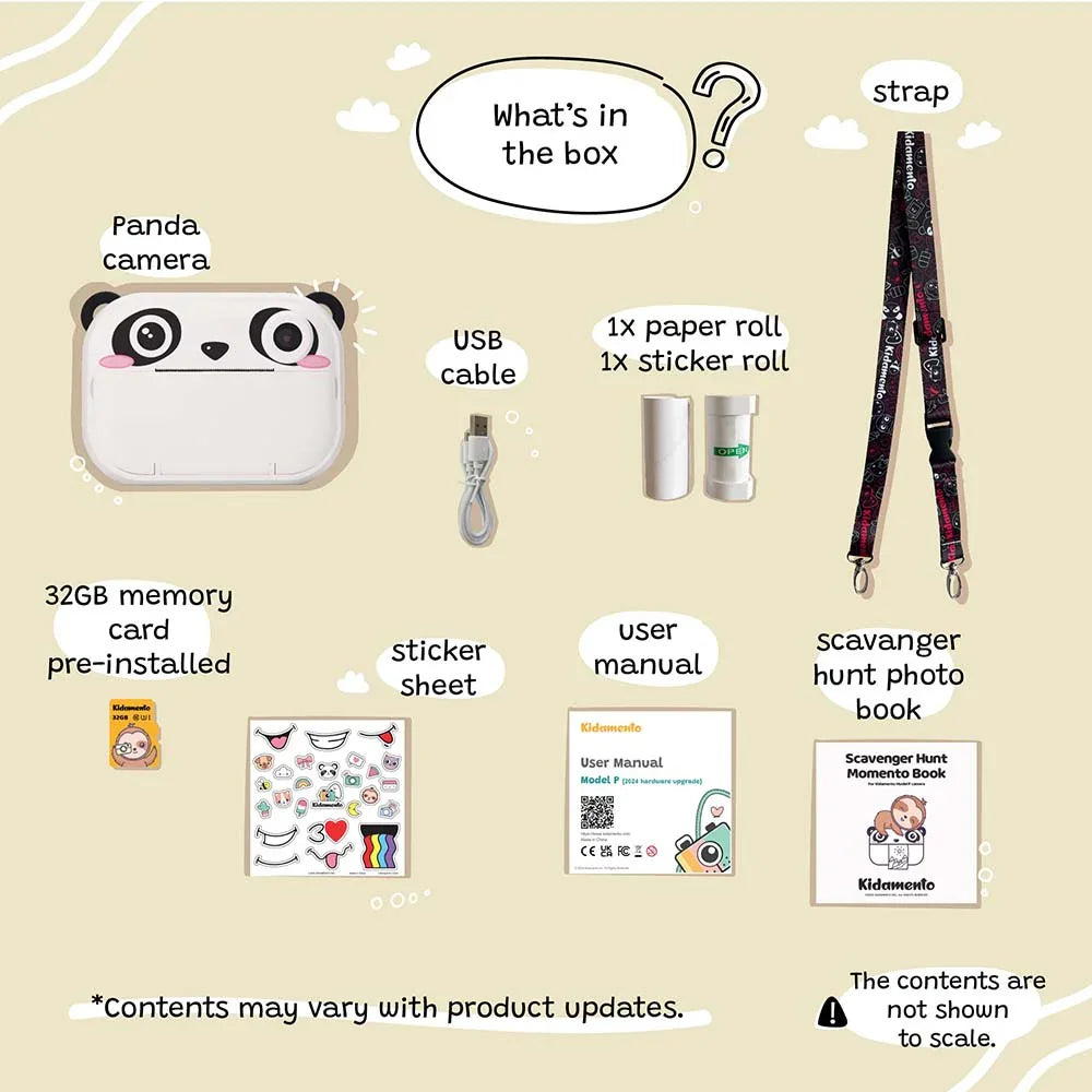kiimento Model P Panda Print Camera accessories set – USB cable, print paper refill, and user manual