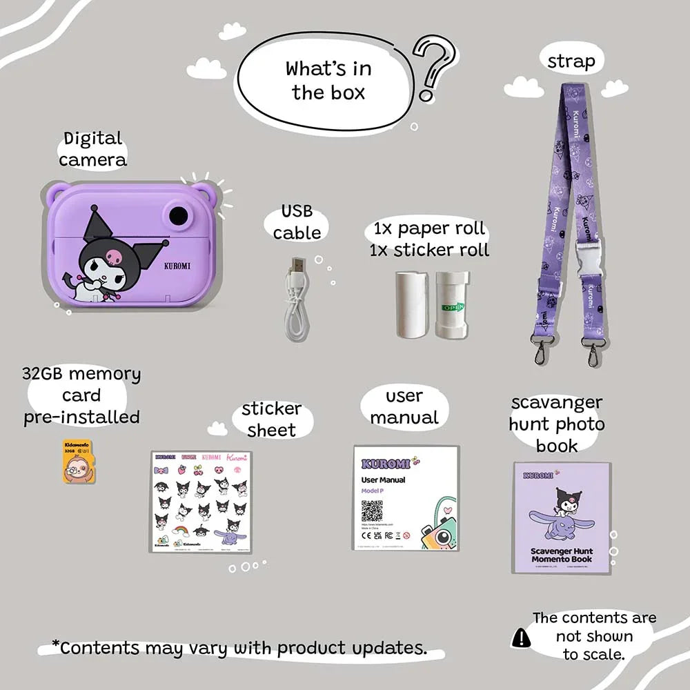 kiimento Sanrio Kuromi Print Camera Model P accessories – USB cable, print paper refill and user manual