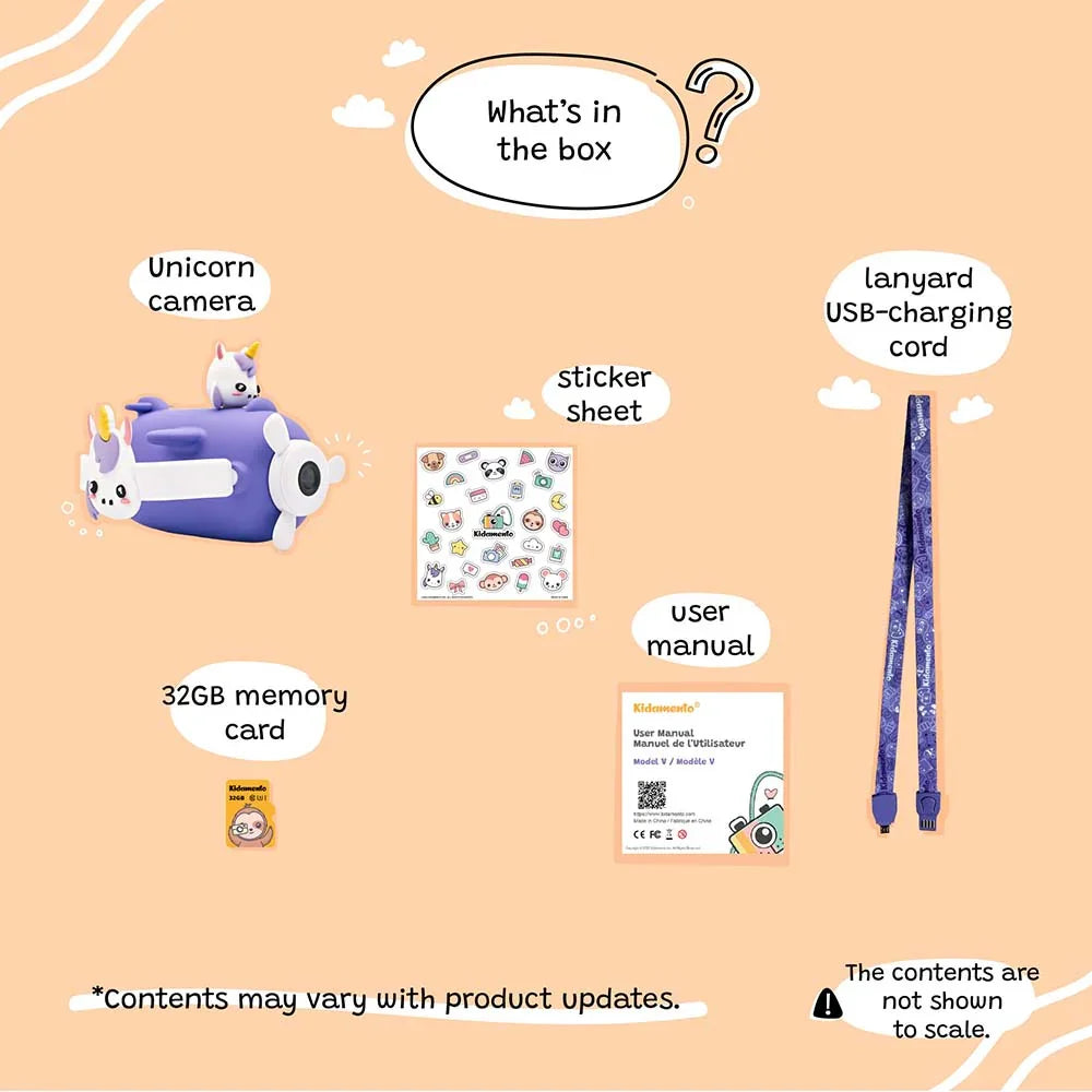 kiimento Unicorn Digital Camera Model V with accessories – USB cable, sticker sheet, scavenger hunt book and strap