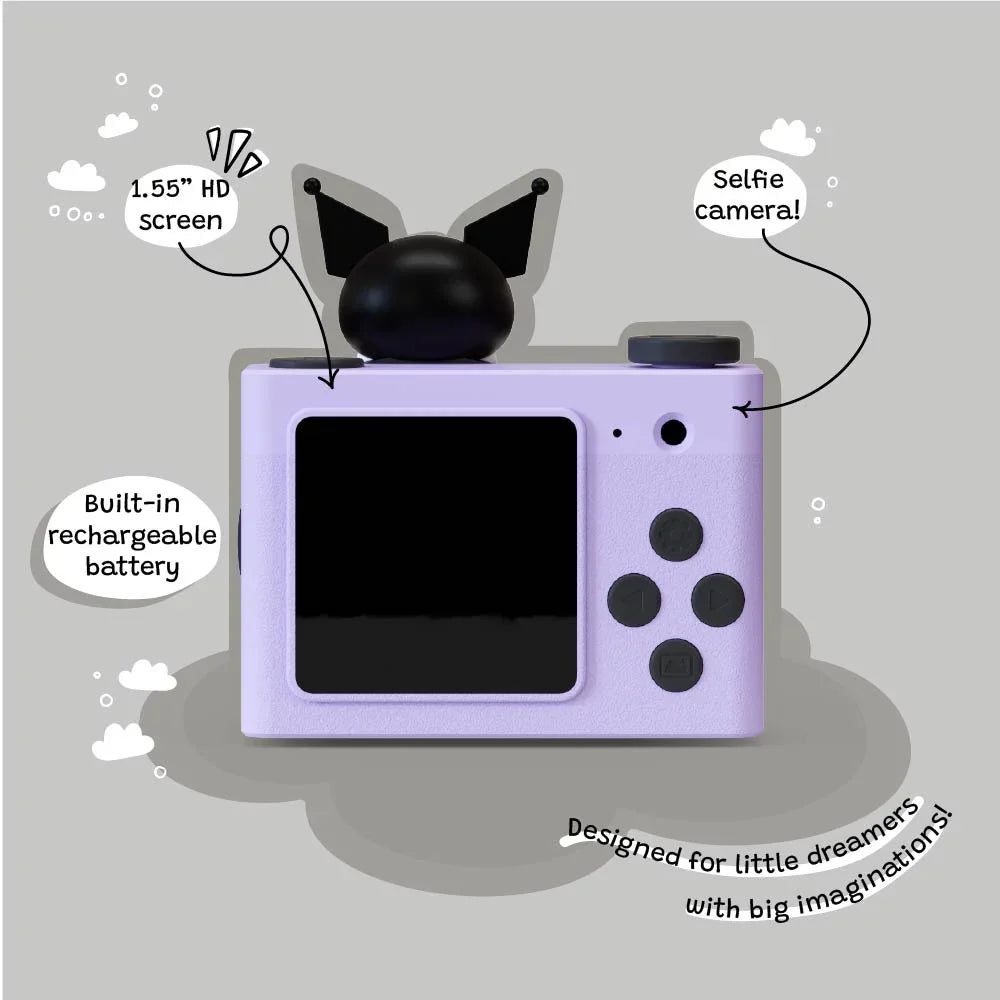 kiimento Kuromi Model A kids camera with HD screen, rechargeable battery, and selfie camera.