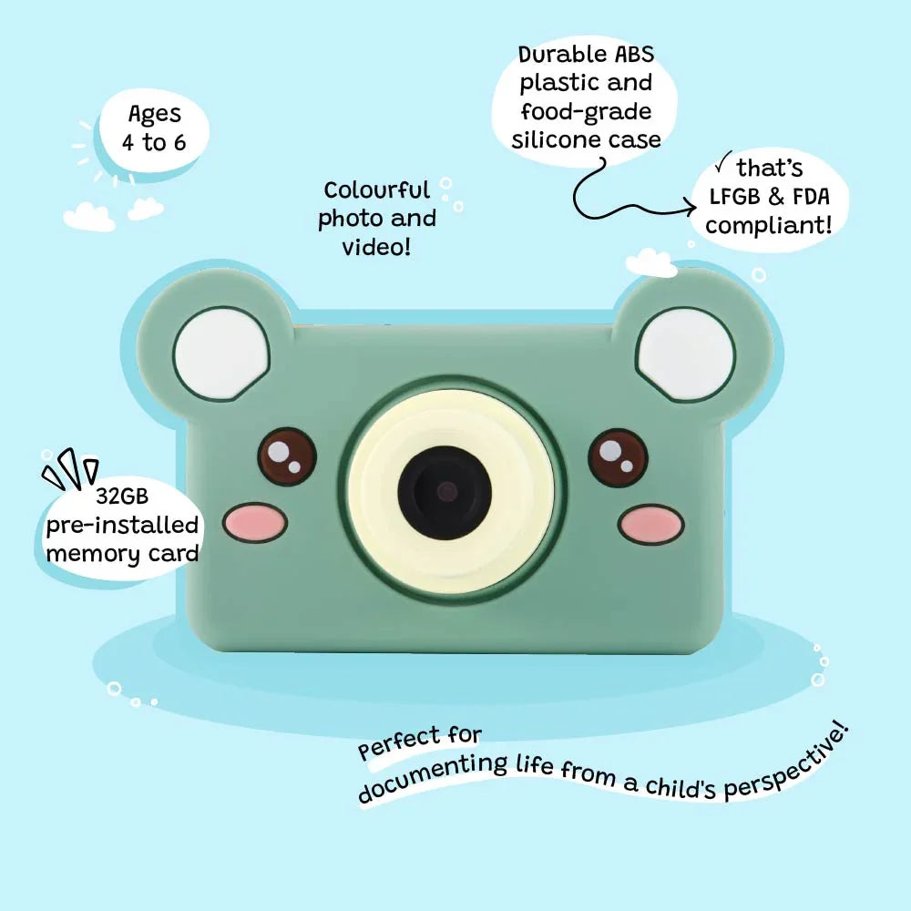 A green bear-shaped digital camera with a 32GB memory card, suitable for ages 4 to 6.