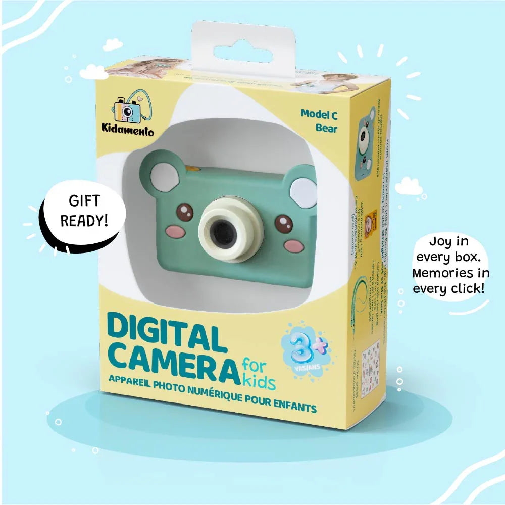 A kiimento Model C Bear digital camera for kids in a gift-ready box.