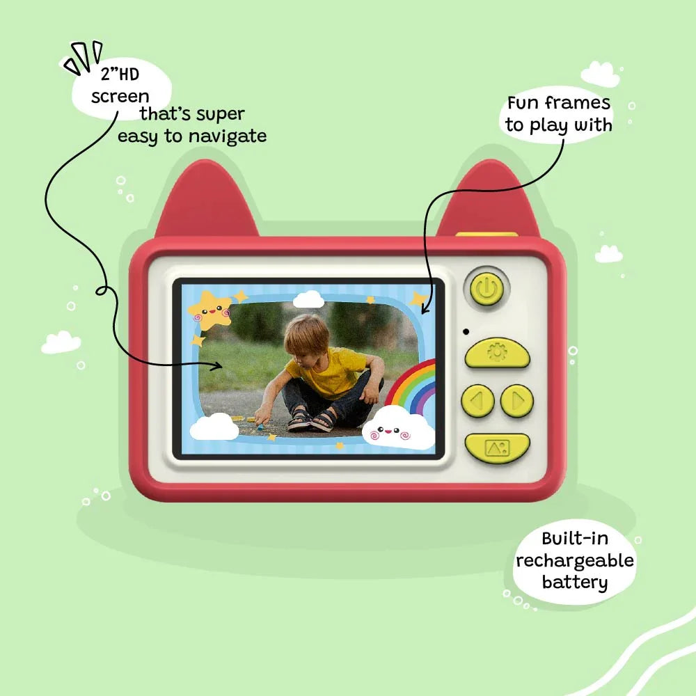 Back view of kiimento Model C Fox kids camera showing screen, buttons, and fun photo frame features