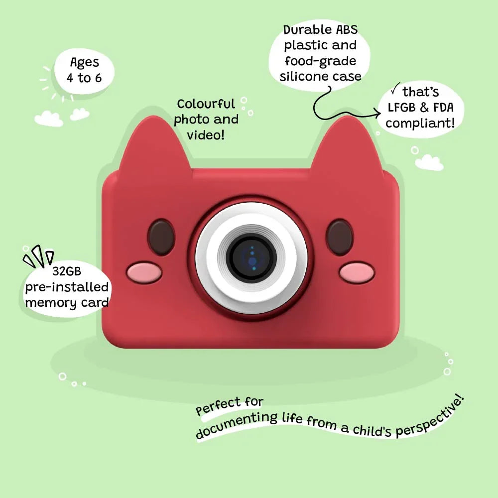Front of kiimento Model C Fox kids camera with labeled features including memory, age range, and safety materials