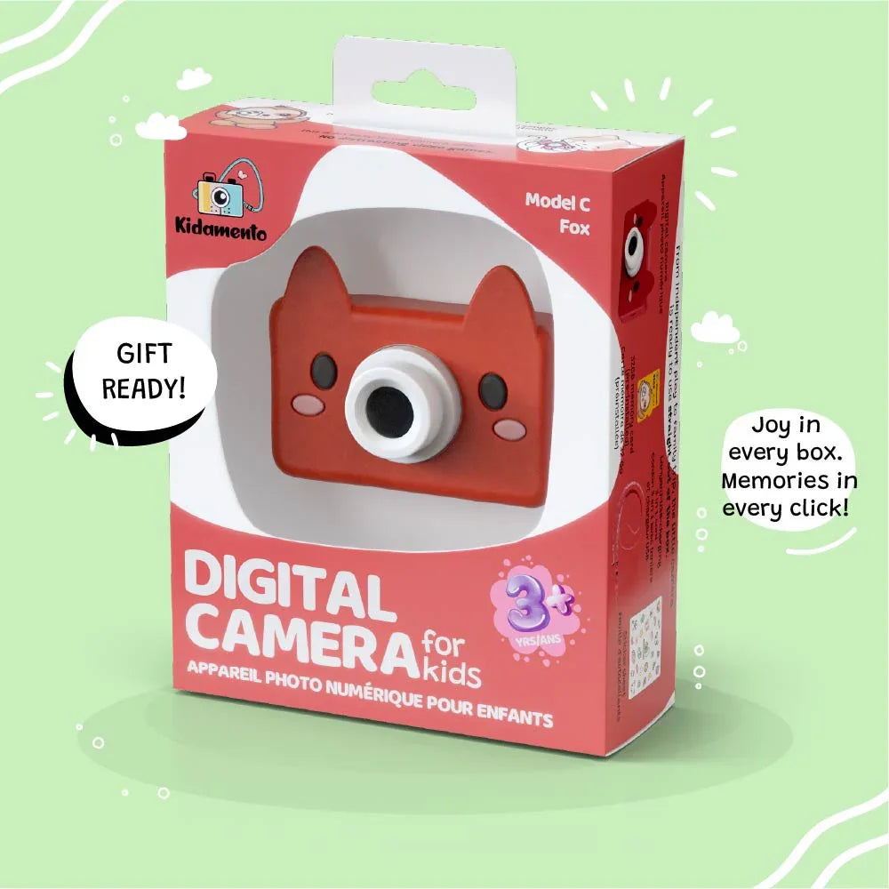 kiimento Model C Fox kids digital camera in retail packaging, gift-ready for ages 3 and up