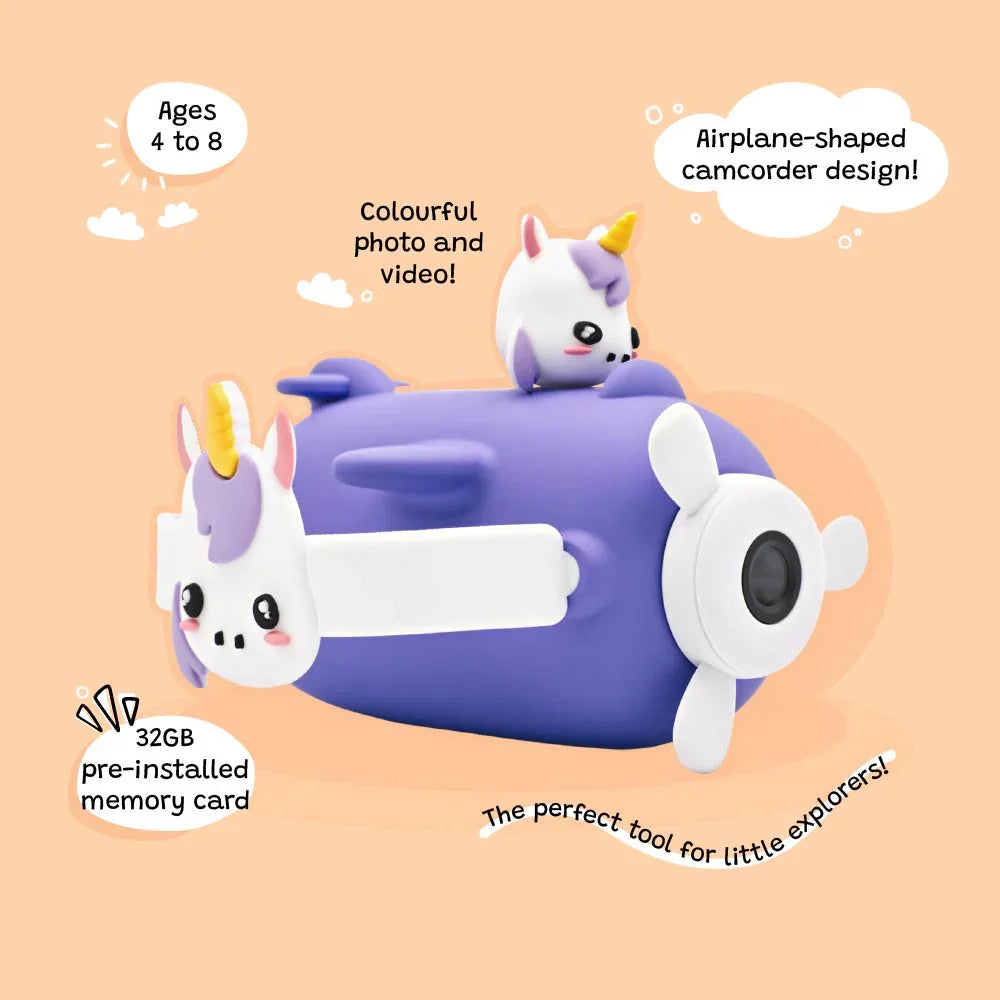 Angled view of kiimento Model V kids digital camera in a purple airplane-shaped unicorn design with 32GB memory, HD photo and video features. Best for children ages 4 to 8.