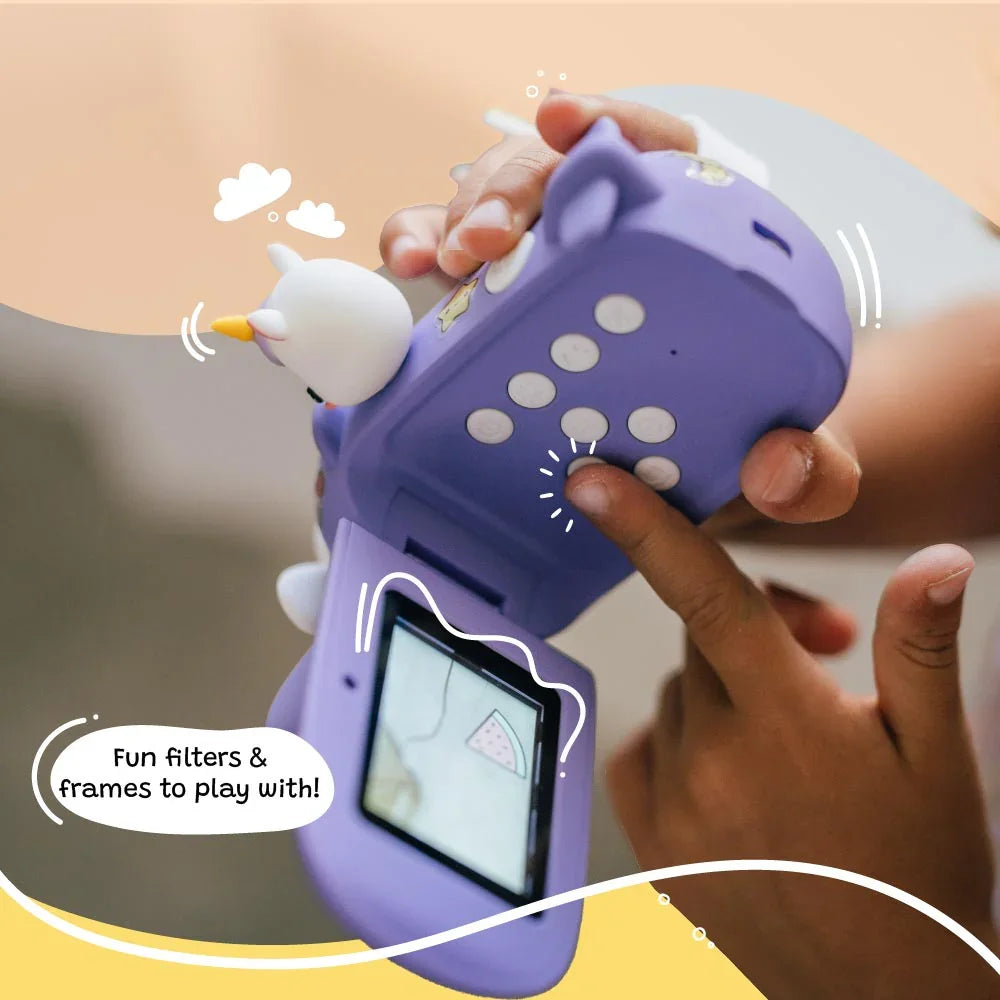 Close-up of a child using the kiimento Model V unicorn kids digital camera. Shows flip screen, menu buttons, and fun digital filters on screen—ideal creative camera for ages 3 to 9.
