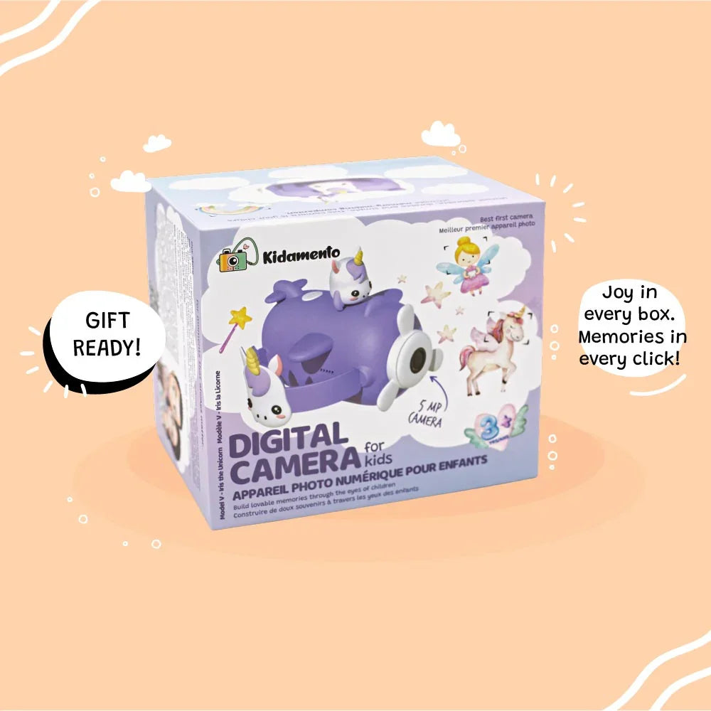 Retail packaging of kiimento Model V unicorn kids digital camera. Gift-ready box features playful unicorn airplane design and highlights 5MP camera, selfie mode, and screen-free fun for ages 3 to 9.