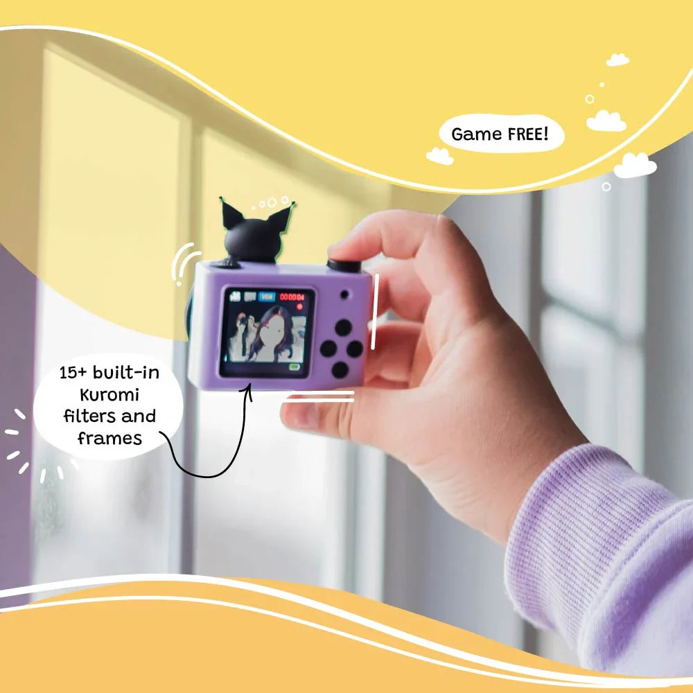 kids-digital-camera-model-a-kuromi-hands-backscreen-kidamento showing built-in filters and frames.