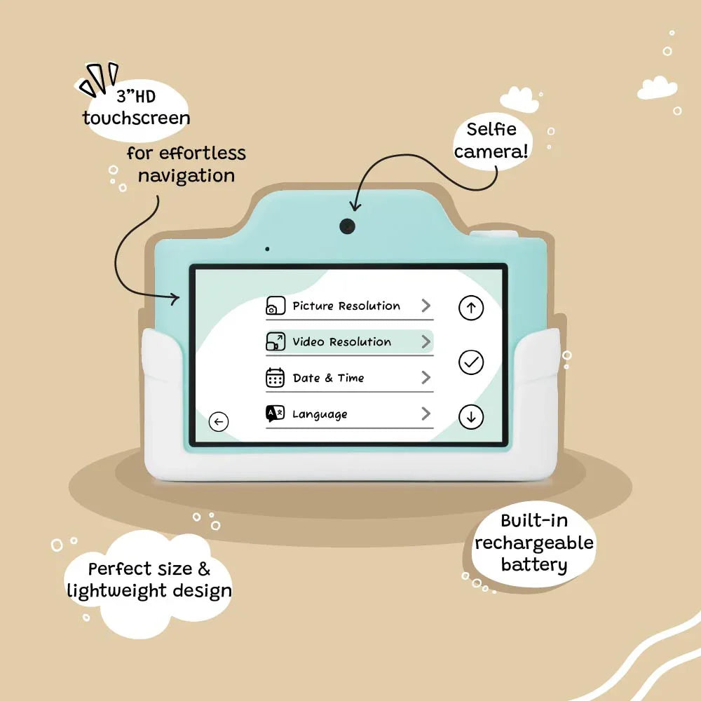 Back view of kiimento Model K Zippy the Sloth kids digital camera showing menu screen with video and picture resolution options, 3-inch HD touchscreen, selfie camera, and rechargeable battery