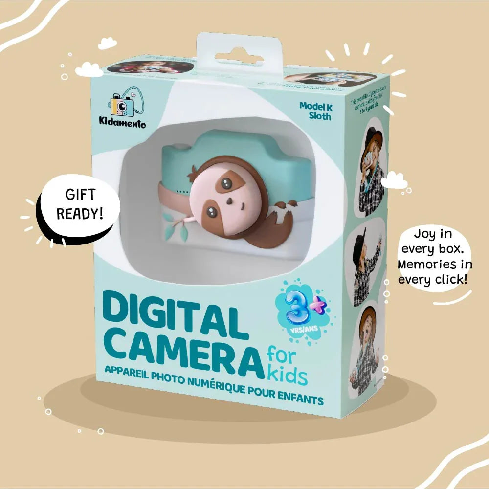 kiimento Model K Zippy the Sloth kids digital camera in retail packaging box, gift-ready design for children ages 3 and up