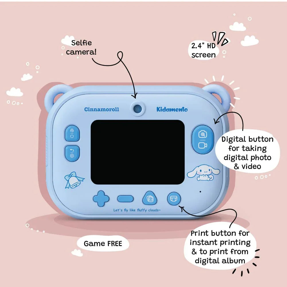 Back view of the kiimento Model P Cinnamoroll kids’ digital camera showing labeled features including the selfie camera, 2.4-inch IPS screen, digital photo/video button, and print button for instant prints or printing from the digital album. Background is pink with playful cloud illustrations. And it's game free.