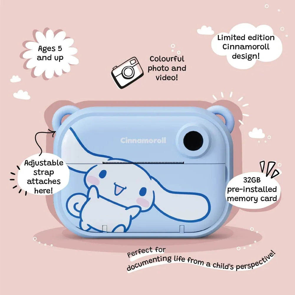 Front view of the kiimento Model P Cinnamoroll kids’ digital camera on a pink background, with callouts showing its features: ages 5 and up, colorful photo and video, limited edition Cinnamoroll design, 32GB memory, and adjustable strap attachment.