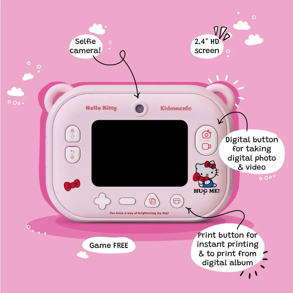 Back view of the kiimento Hello Kitty Model P digital camera for kids, showcasing a 2.4-inch IPS screen, selfie camera, and clearly labeled buttons. Features include a digital shutter button for photo and video capture, a print button for instant printing and album reprints, and Hello Kitty-themed decorations on a pastel pink camera body.