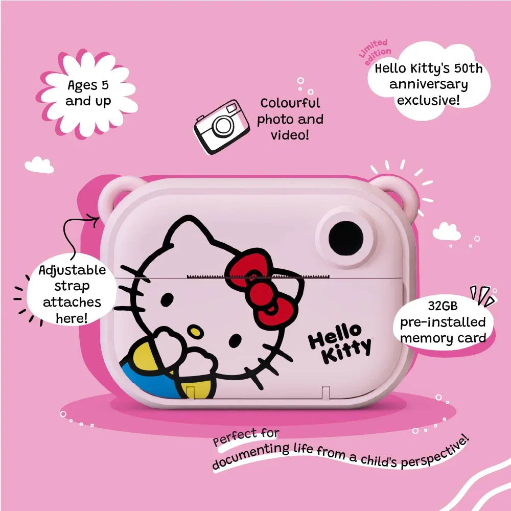 Front view of the kiimento Hello Kitty Model P kids digital camera, featuring Hello Kitty’s face on a pastel pink body. Image highlights include adjustable strap attachment, 32GB memory, full-color photo and video capability, and a 50th anniversary limited-edition design. Suitable for ages 5 and up.