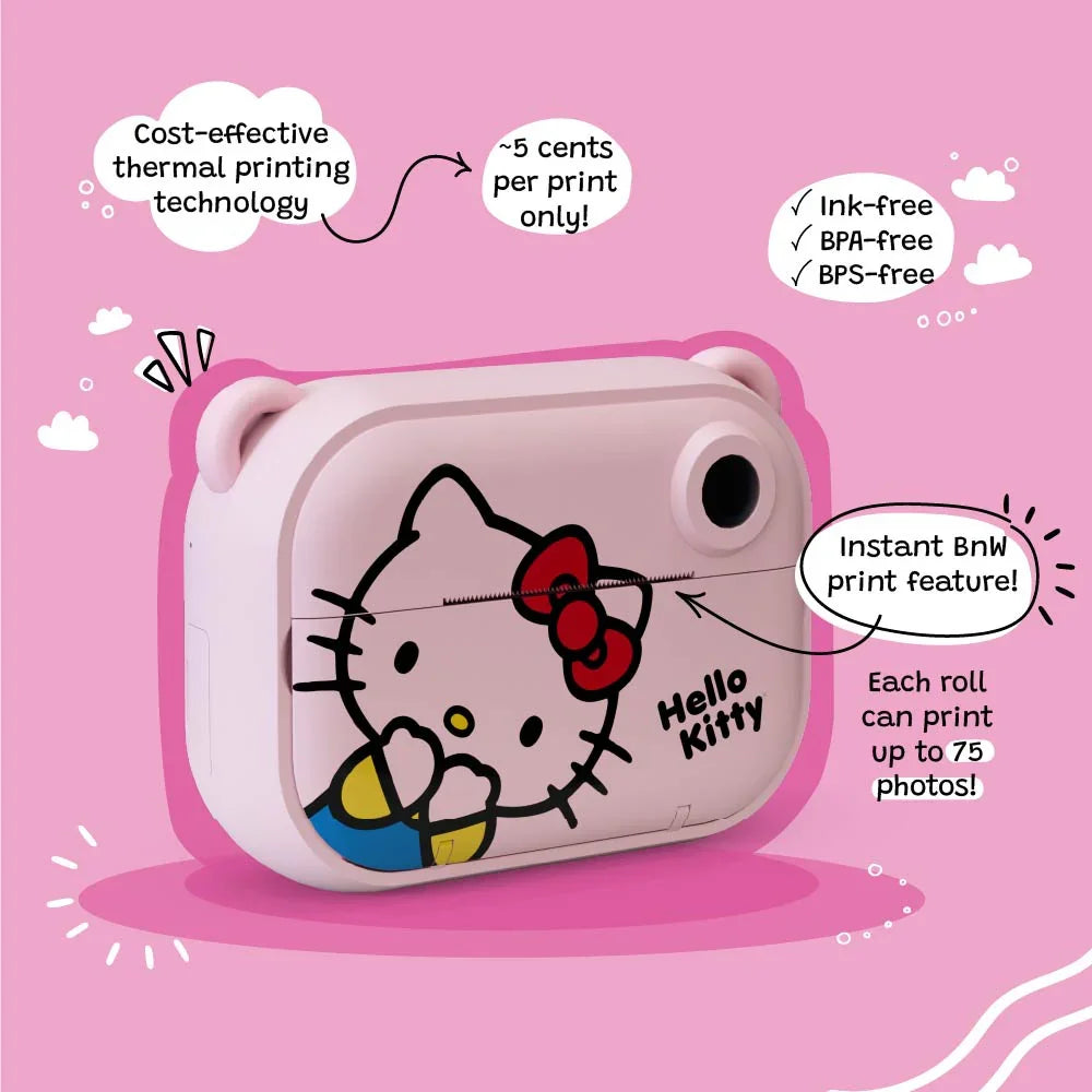 Side angle view of the kiimento Hello Kitty Model P kids digital camera showing its instant black-and-white thermal print feature. Highlights include cost-effective printing at approximately 5 cents per print, using ink-free, BPA-free, and BPS-free technology. Features Hello Kitty’s face on a pink camera body.