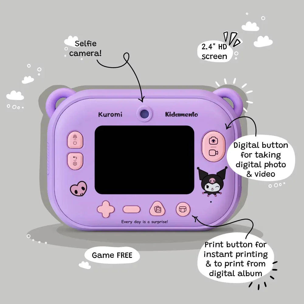 Kids digital camera Model P Kuromi kiimento – showcasing 2.4‑inch IPS screen, selfie camera, print & photo buttons on gray background.  And it's game free.