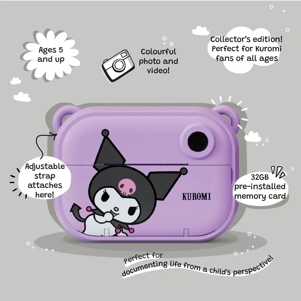Kids digital camera Model P Kuromi kiimento – adjustable strap attachment point and 32GB memory, on gray background