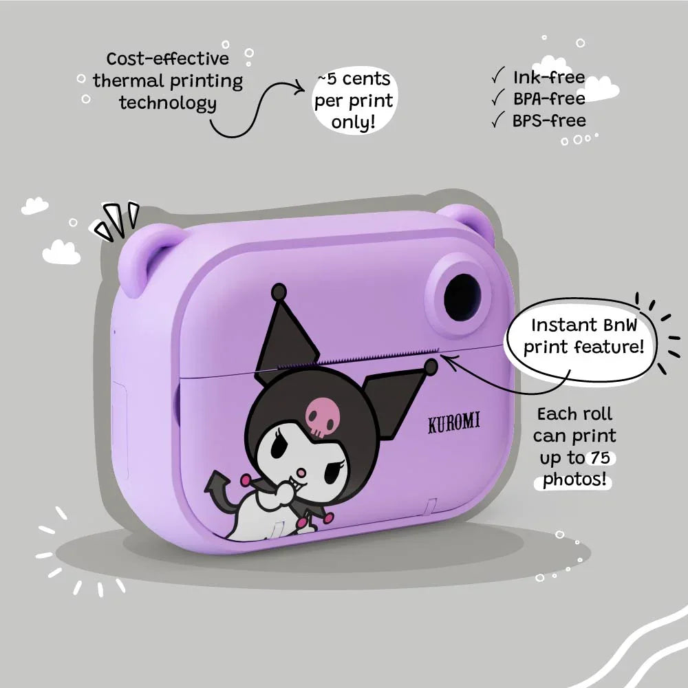 Kids digital camera Model P Kuromi kiimento – showcasing instant thermal print feature on gray background