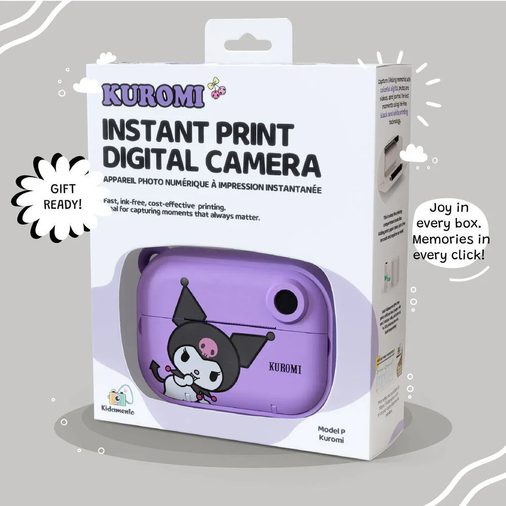 Kids digital camera Model P Kuromi kiimento – retail packaging box showing the camera and ‘gift ready’ message on gray background.