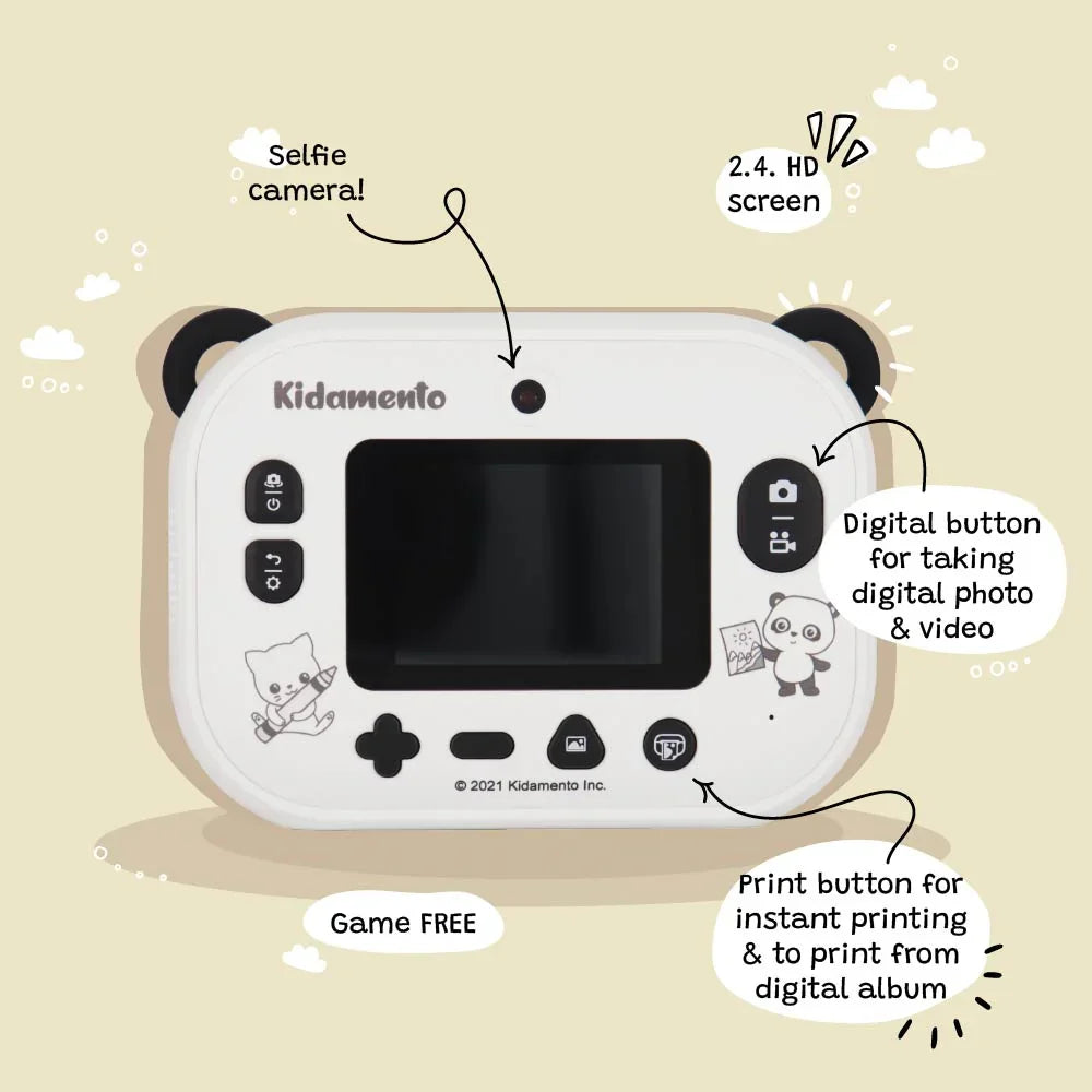 Kids digital camera Model P Panda by kiimento shown from the back, featuring a selfie camera, 2.4'' HD screen, and buttons for printing and digital photos. And it's game free.