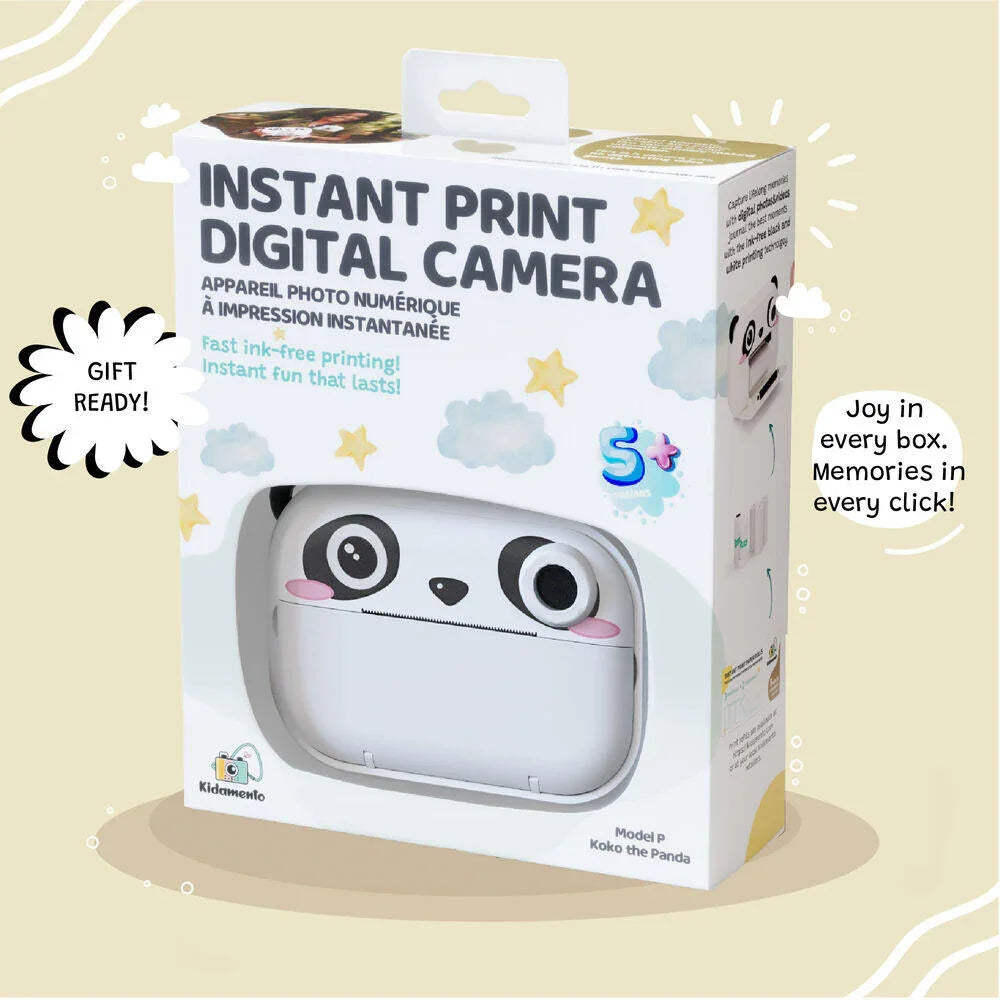 Retail packaging of kiimento Model P Panda instant print kids camera, showing gift-ready box design for ages 5 and up.