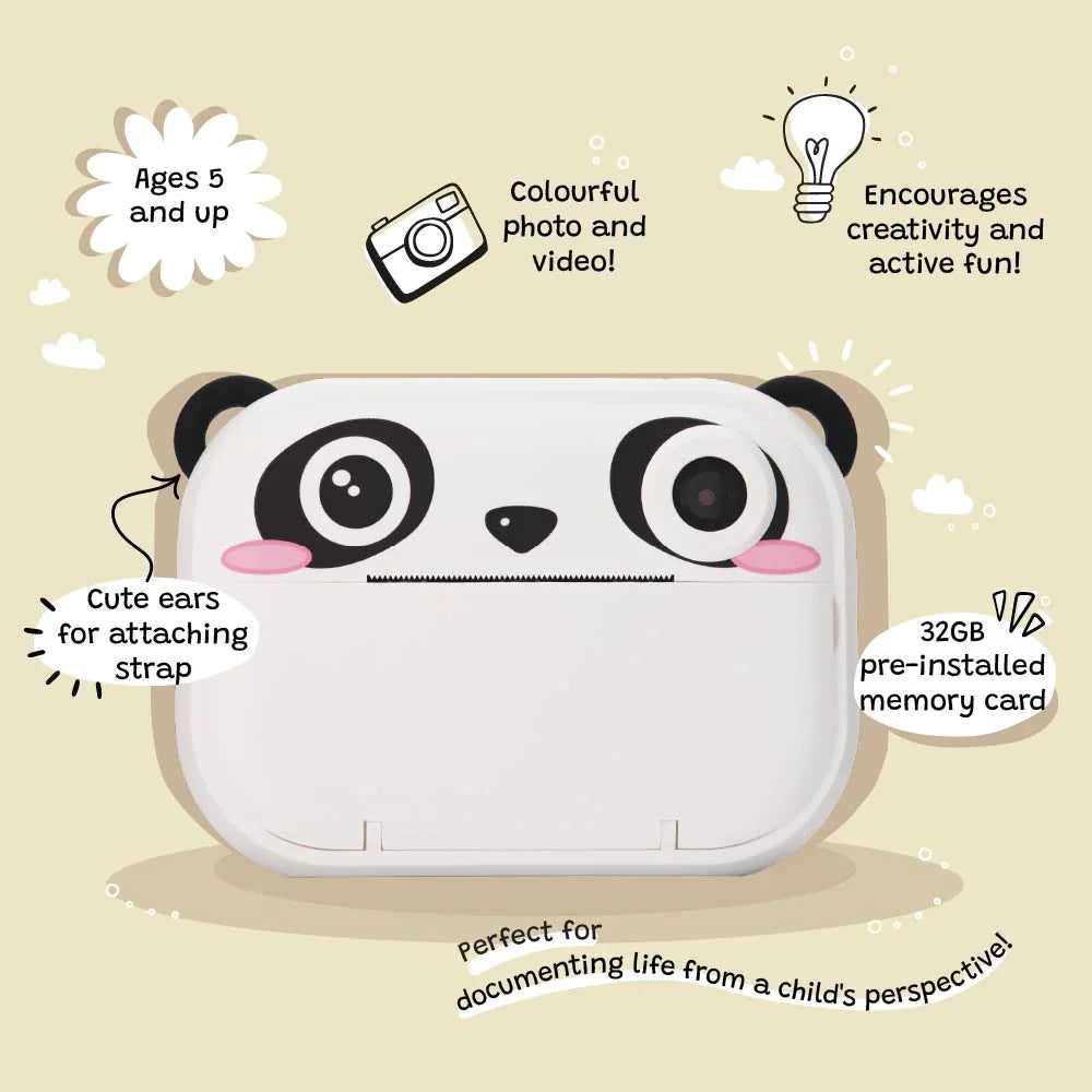 Kids digital camera Model P Panda by kiimento shown from the front, featuring a cute panda face design, video lens, and strap-friendly ears.