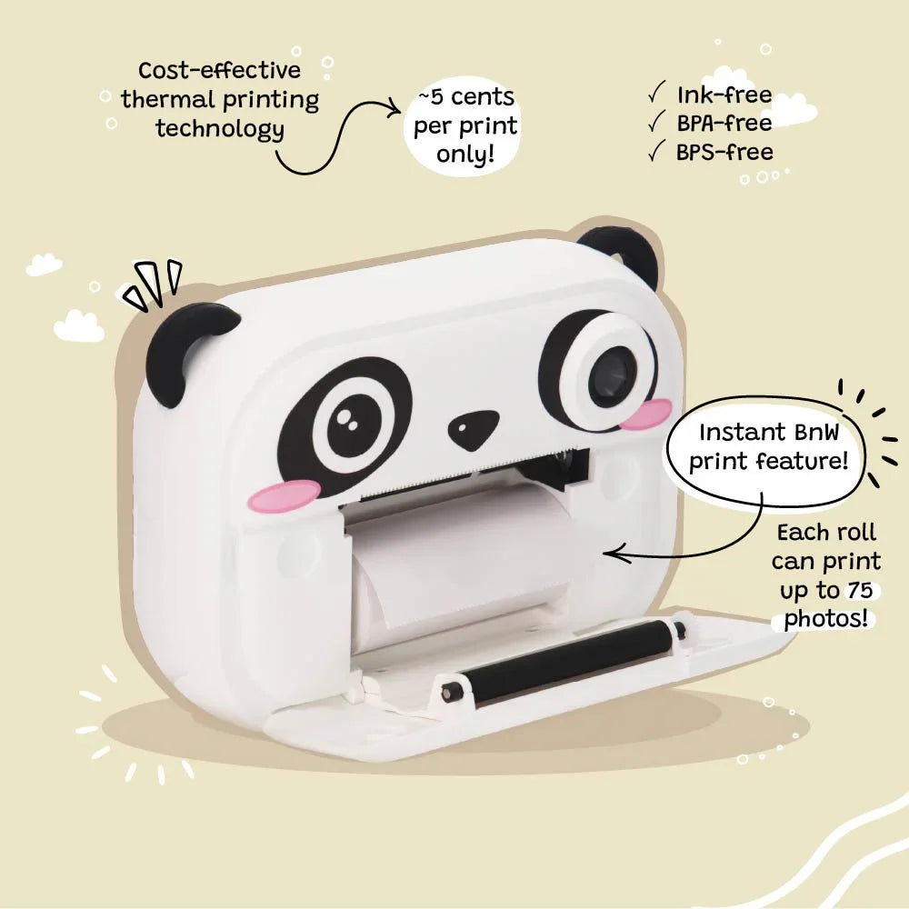 Close-up of kiimento's Panda Koko kids’ camera with the thermal printer door open, highlighting ink-free black and white printing and eco-friendly features.