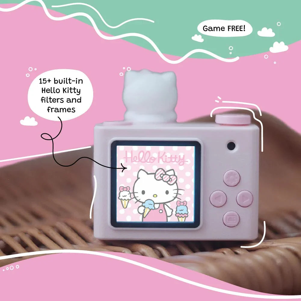 Hello Kitty Model A Kids Digital Camera - Back View Displaying Built-in Hello Kitty Filters and Frames (15+ options).