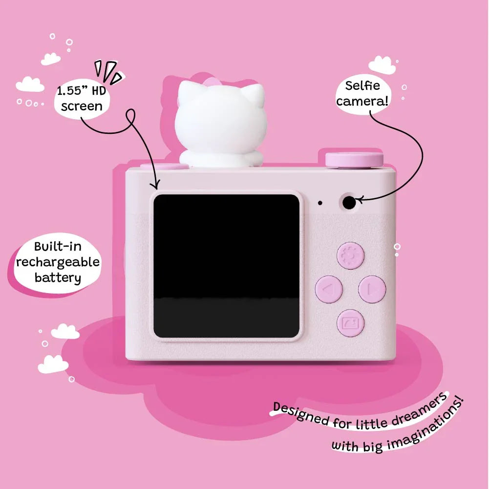 Hello Kitty Model A Kids Digital Camera - Back View with Labels for 1.55-inch IPS Screen, Selfie Camera, and Built-in Rechargeable Battery.