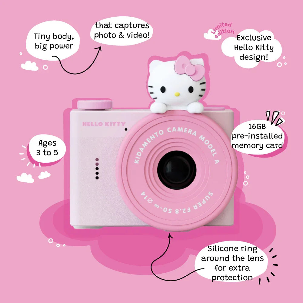 Hello Kitty Model A Kids Digital Camera - Front View Highlighting Features: Exclusive Hello Kitty Design, 32GB Memory, Photo and Video Capture, Ages 3 to 5, Silicone Lens Protection Ring, Compact but Powerful.