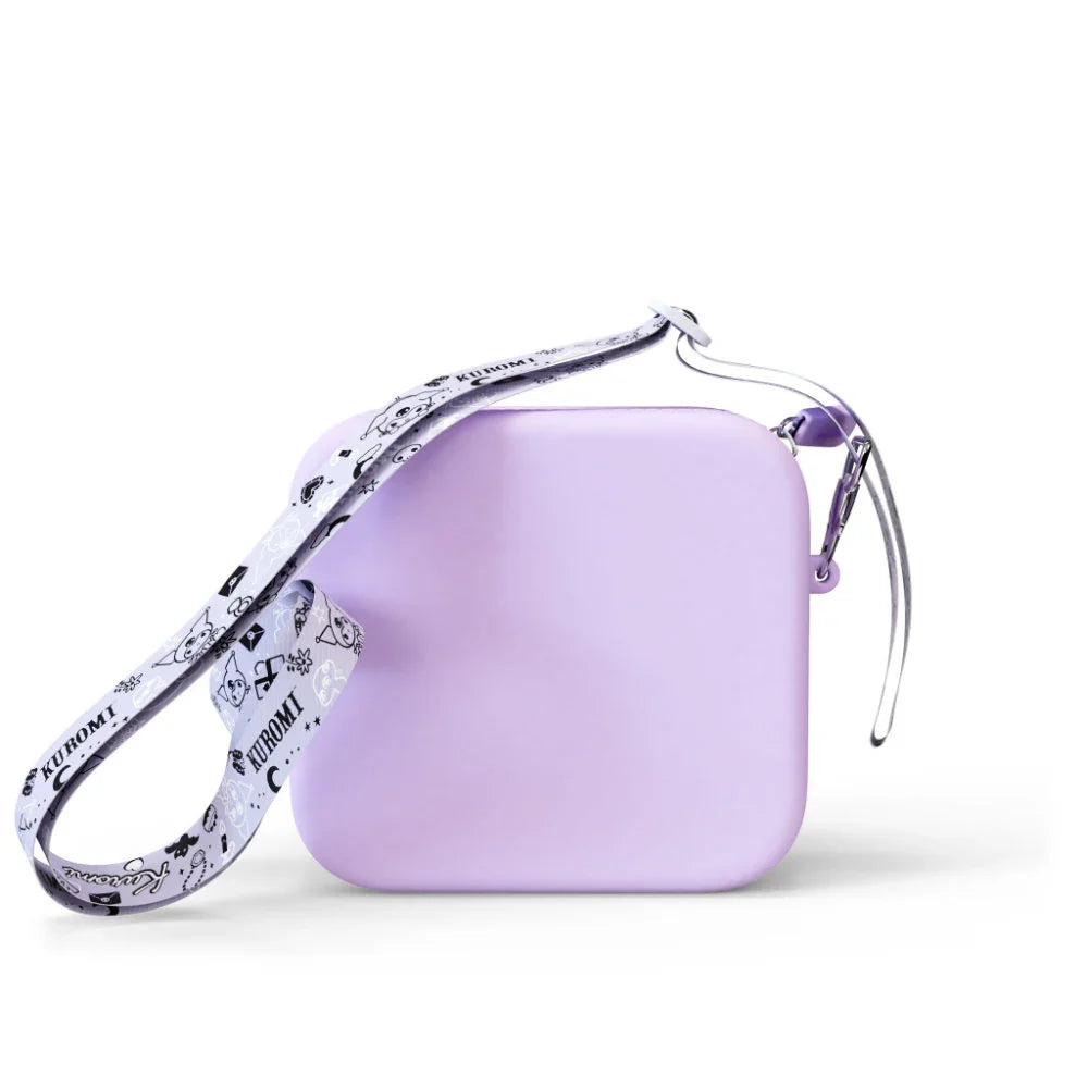 Purple silicone bag with a white strap featuring black Kuromi designs.