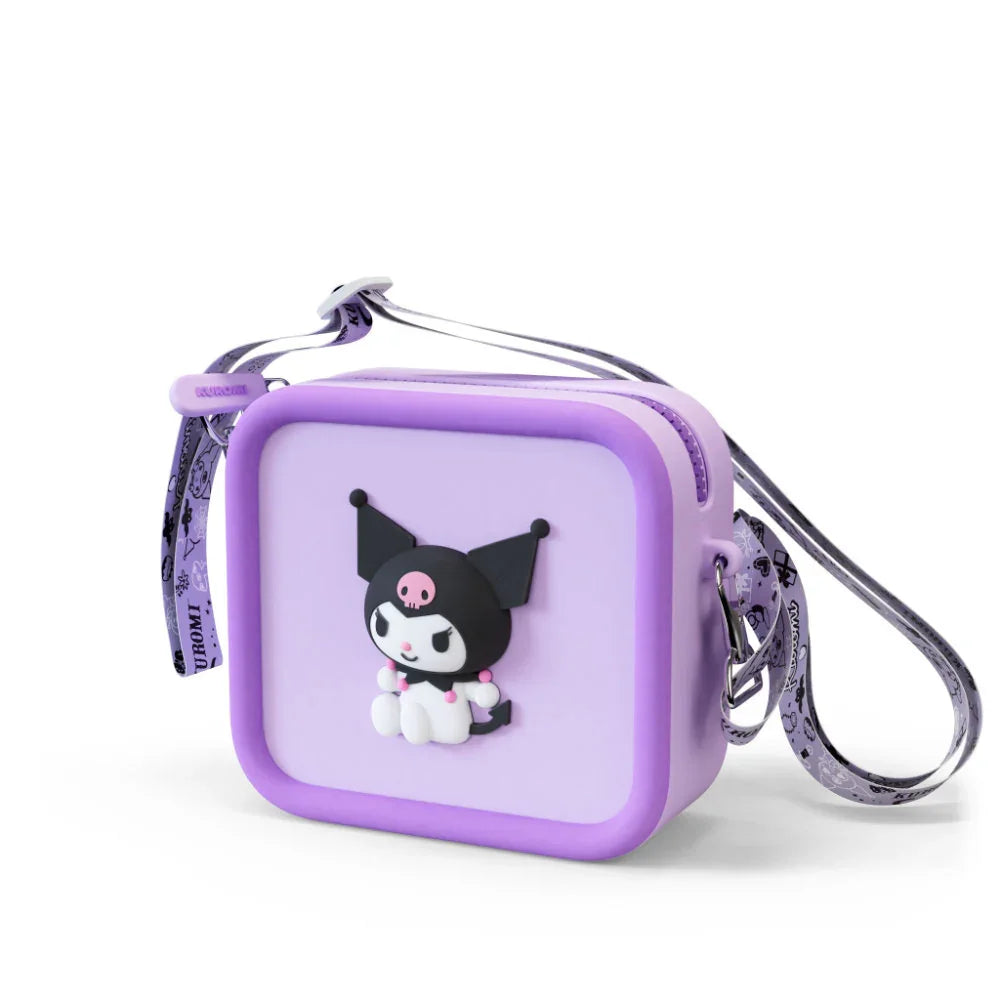Purple silicone bag featuring a 3D Kuromi character and a patterned strap.