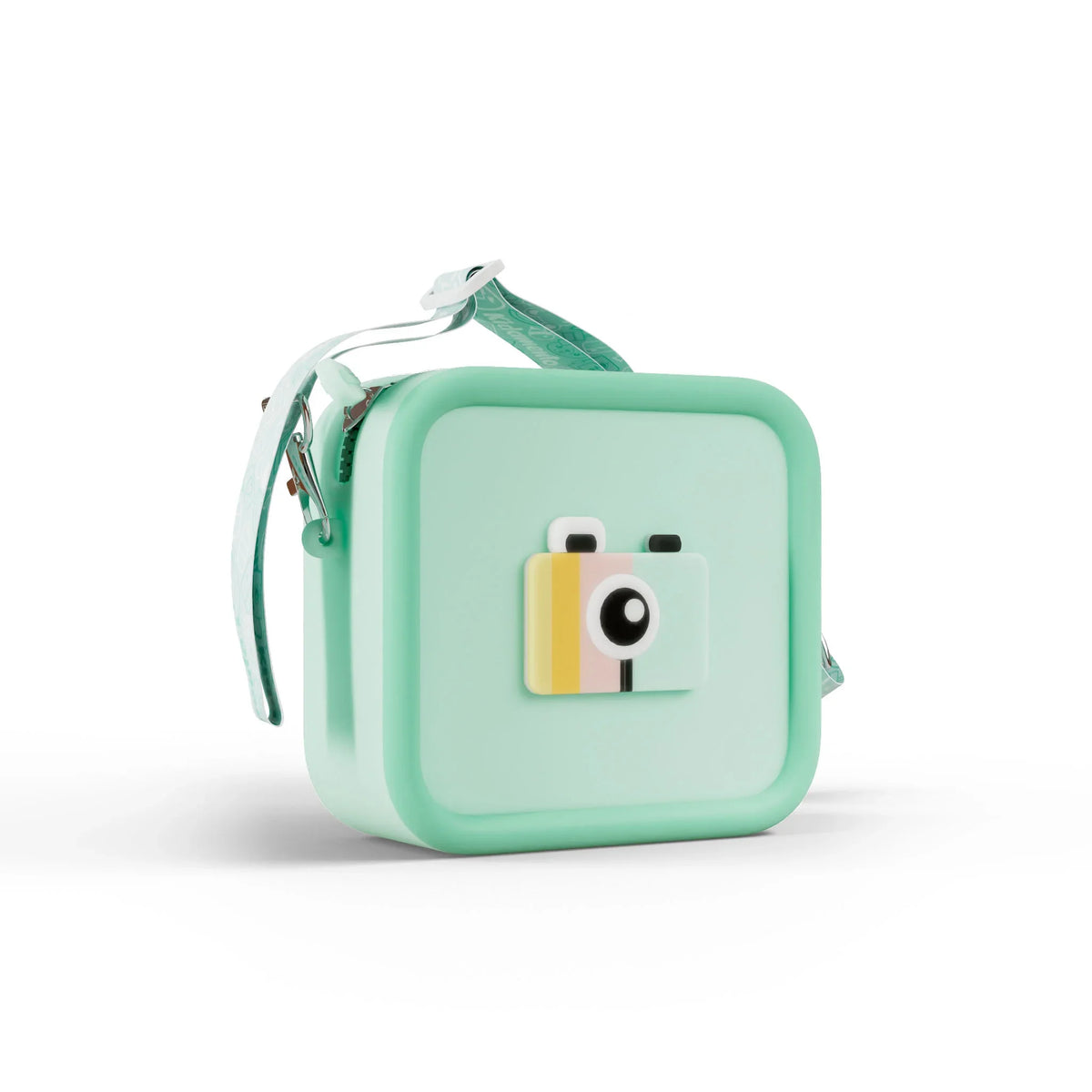 Green silicone camera bag with a cute camera design and adjustable strap.