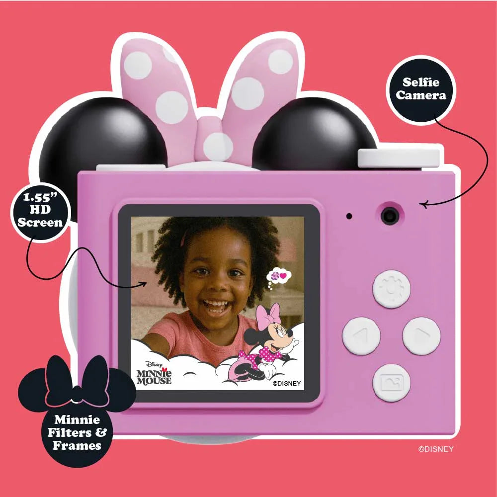 Pink Minnie Mouse mini camera with a 1.55 inch HD screen.