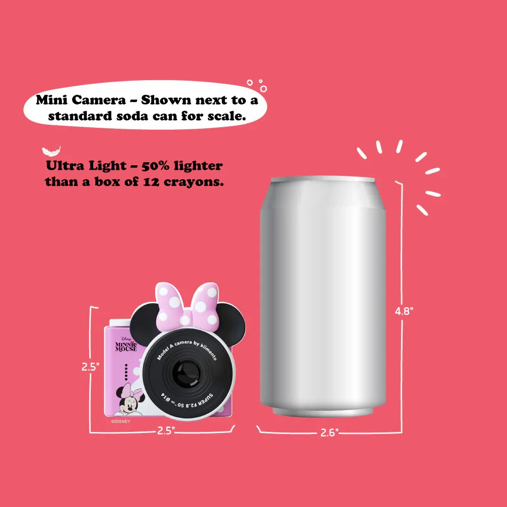 Minnie Mouse mini camera shown next to a standard soda can for size comparison.