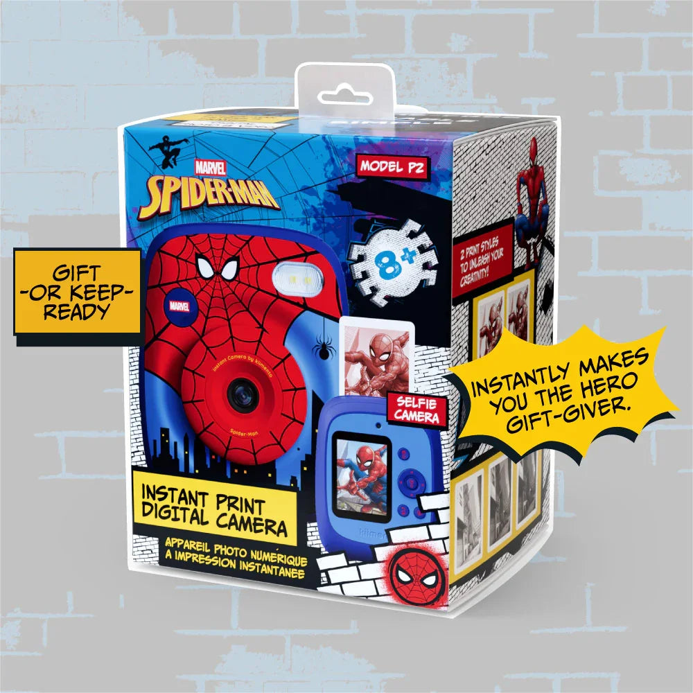 Spider-Man instant print camera in gift-ready themed packaging.