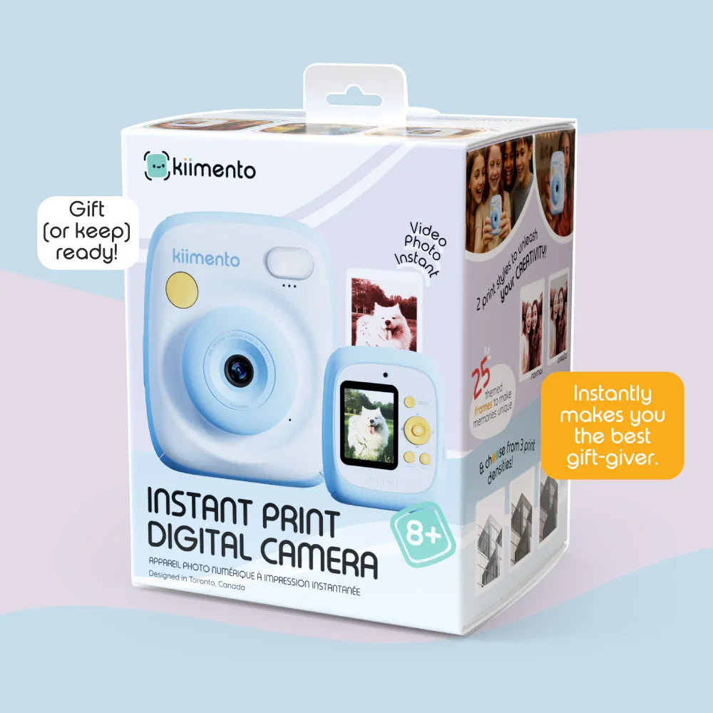 Sky Blue Print Pro Camera with instant photo printing feature.