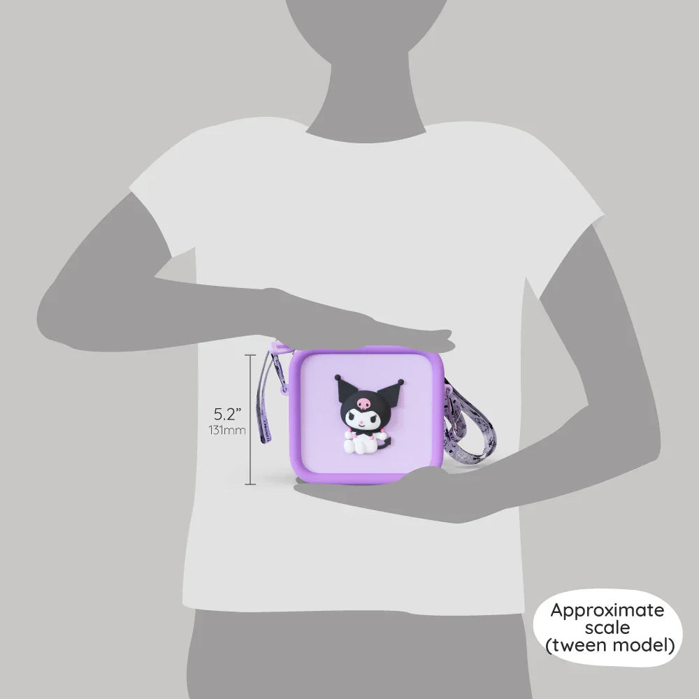 A tween model holds a purple Kuromi silicone bag measuring 5.2 inches in height.