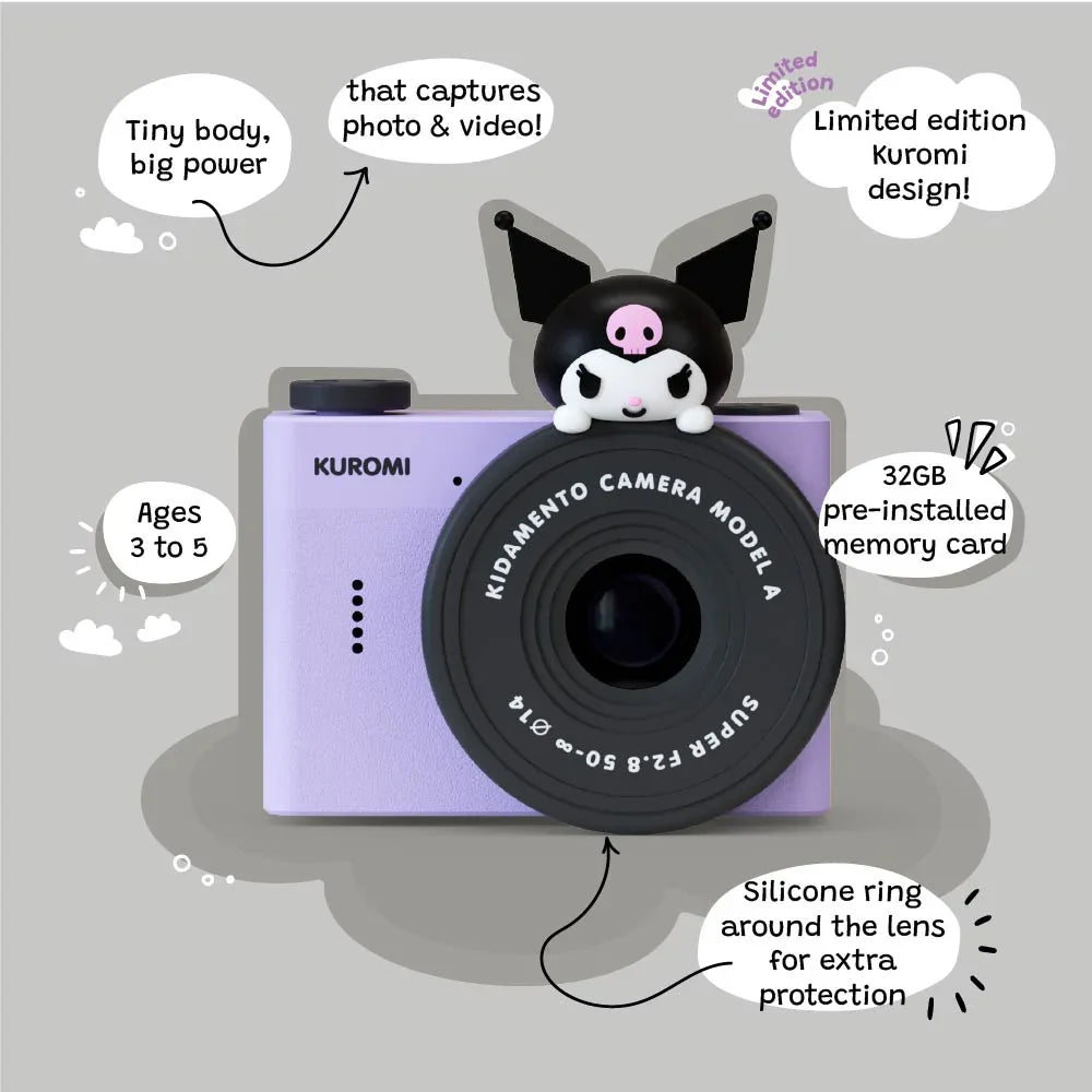 kiimento Kuromi Model A camera for kids ages 3–5, ultra-lightweight with HD screen and selfie lens.